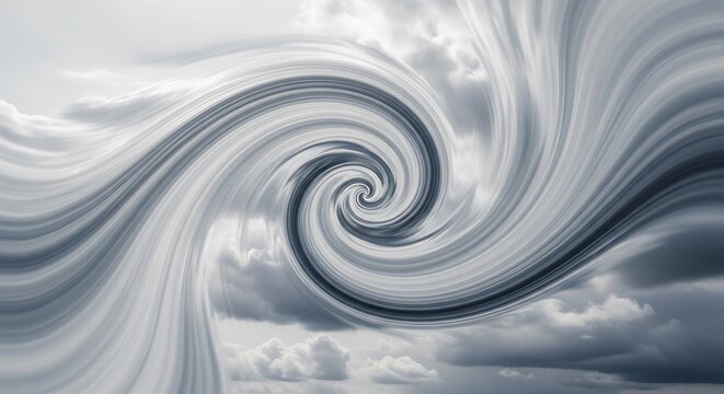 A dramatic abstract vortex or spiraling tunnel created from streaks of gray and white clouds against a stormy sky, conveying intense swirling motion, power, and a sense of impending weather.