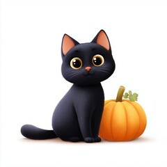 Cute black cat with pumpkin fall theme digital art cozy environment playful viewpoint