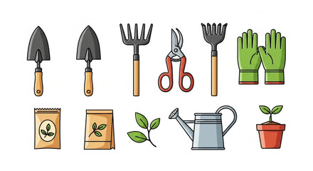 Gardening Tools on Soil Rows – Vector Illustration