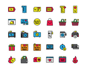 Black Friday Line Color Icons Set With Shopping Online, Gift, Pay, Discount , Price, Voucher, Hot Deal, Shopping Bag, Basket, Television discount, Coupons, Delivery Box,