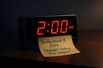 Daylight Saving Time Begins Reminder 2026 – 2 AM Digital Clock with Sticky Note