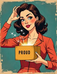 She proudly presents a vintage scheme combining geometric signs and hand typography sparkle with box.