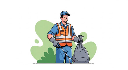 Garbage Collector with Trash Cart – Urban Cleaning Illustration