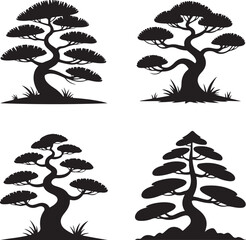 Stylized japanese tree silhouettes vector set on white background