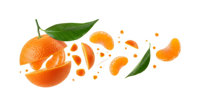 Vibrant Burst of Freshness Tangerine Slices and Leaves in Motion