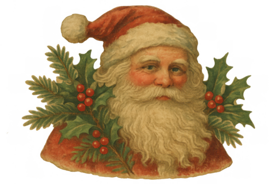 Vintage santa claus head with holly and pine branches, creating a classic christmas holiday illustration on transparent background - Powered by Adobe