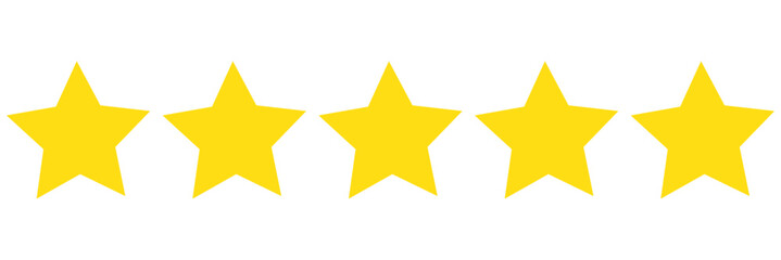Gold star rating bar with five yellow stars. Transparent PNG for review badges, feedback ratings, score icons, and positive testimonial graphics
