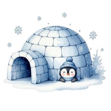 Adorable watercolor penguin wearing a beanie near an igloo with falling snow on transparent background