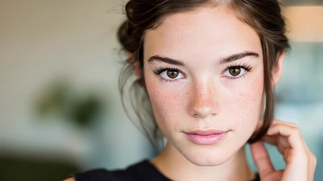 Young woman portrait looking at camera with natural light and soft background - Powered by Adobe