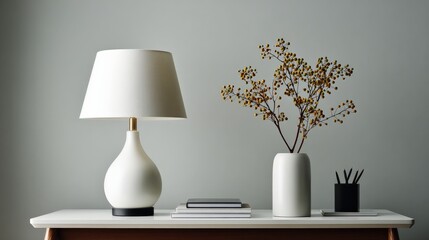 A minimalist desk setting with a lamp, vase, and stationery.