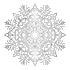 Elegant shimmering silver snowflake with intricate details for winter and holiday projects, rendered on transparent background