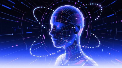 Digital human head with neural network patterns and glowing circuits in a futuristic interface