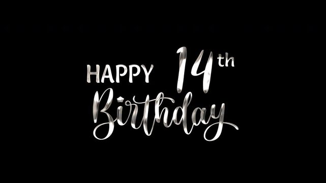 14th happy birthday text animation in silver metallic effect. suitable for birthday celebrations, social media posts, and greeting cards. Includes alpha channel for any background.