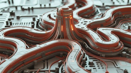 Close-up of a futuristic circuit board with glowing red pathways and intricate metallic components