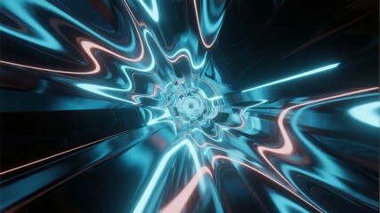 Abstract neon tunnel with swirling blue and pink light patterns converging toward a central point in a futuristic digital space
