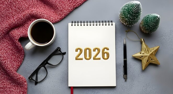 New year 2026 flat lay with coffee, glasses and christmas decorations - Powered by Adobe