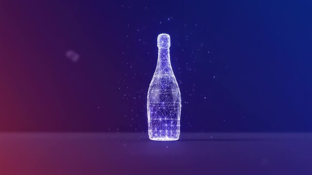 A digital wireframe champagne bottle glows against a gradient background. Soft abstract shapes float