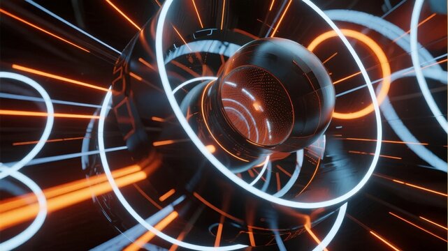 Abstract futuristic sphere with glowing rings and neon light trails in a dynamic digital environment