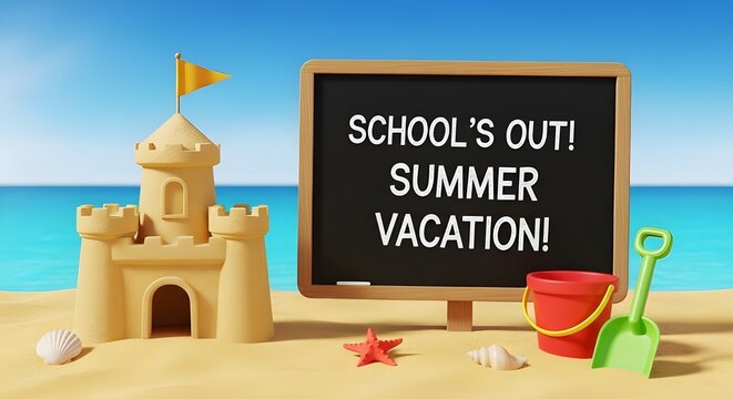 Summer vacation scene with sandcastle and schools out sign on the beach