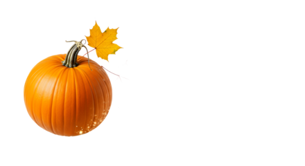 Vibrant orange pumpkin adorned with a beautiful golden maple leaf, symbolizing autumn's harvest and festive season, ideal for Thanksgiving and Halloween decor