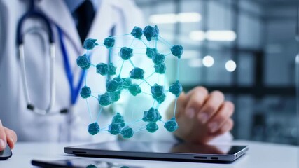 Doctor in lab coat examines molecular structure on tablet. A stethoscope and mouse also visible - Powered by Adobe