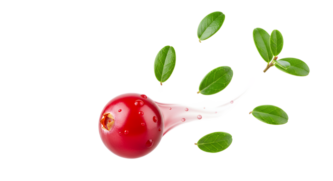 Vibrant fresh cranberry with splashing effect, surrounded by lively green leaves, capturing the essence of healthy eating and natural flavor on a clean white background