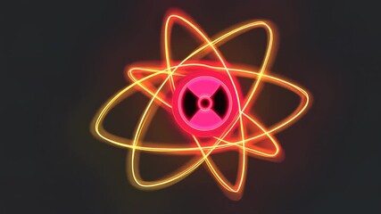 Glowing neon atom symbol with radiation icon on a dark background. Neon orbits around core