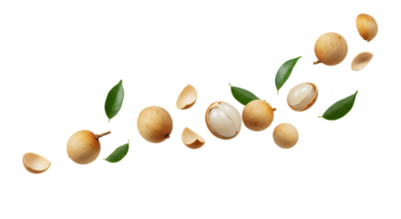 A delightful scattering of fresh longan fruits and lush green leaves, capturing the essence of tropical sweetness and natural vitality on a pristine white canvas