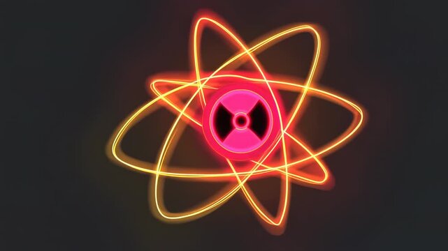 Glowing neon atom symbol with radiation icon on a dark background. Neon orbits around core