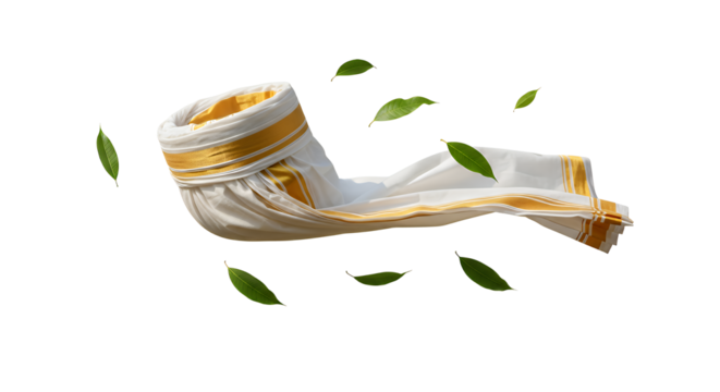 Graceful white and gold fabric flowing with delicate pleats, encircled by vibrant green leaves, symbolizing natural elegance, purity, and lightness on a clean background