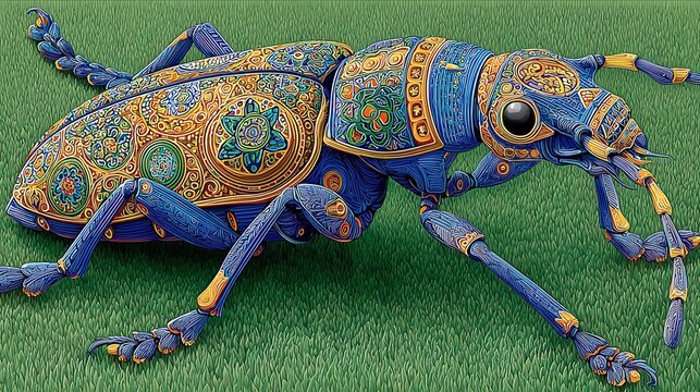 Intricate highly decorated blue and gold insect resting upon vivid green textured grass