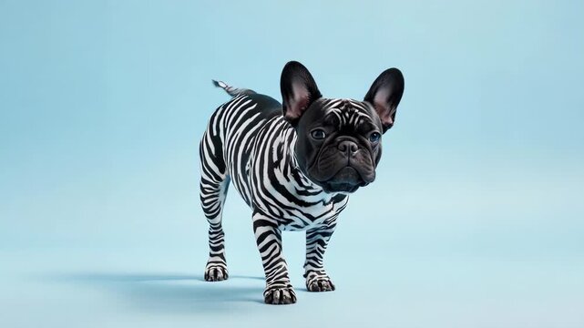 Zebra-Striped French Bulldog: Playful Canine on Blue Background