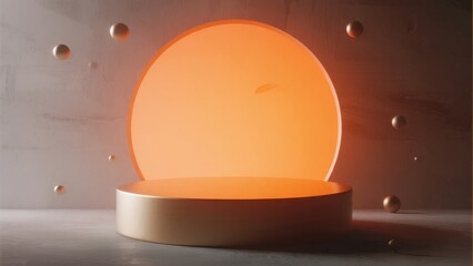 Minimalist orange circular podium with glowing backdrop and floating spheres in a neutral studio setting