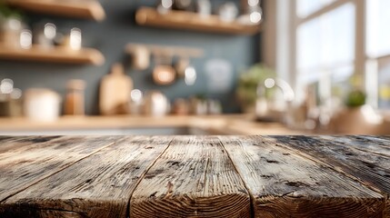 rustic wooden table surface with blurred kitchen background
