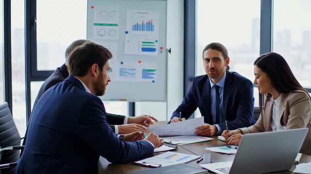 A diverse group of professionals in a boardroom setting discussing business strategies and analyzing data - Powered by Adobe
