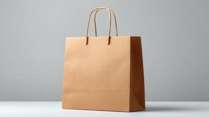 A minimalist product presentation with an empty brown paper bag on a solid light grey surface