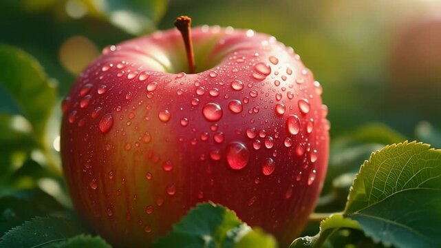 Fresh red apple glistening with dew, a healthy and vibrant close up for wellness campaigns and nutritional promotions, natural orchard beauty