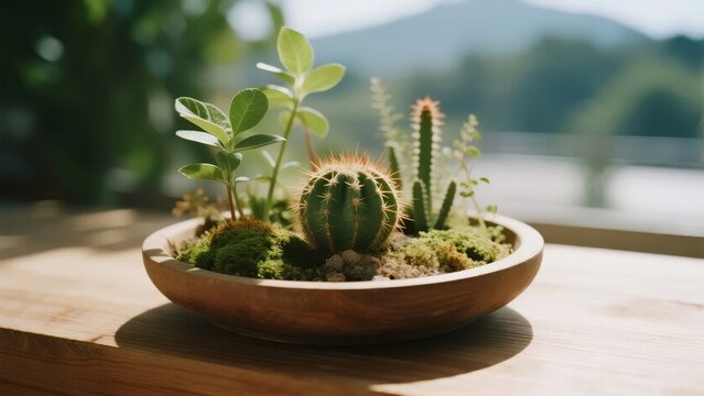 A small indoor succulent garden featuring cacti and green plants in a wooden bowl on a wooden surface with a blurred natural background.
