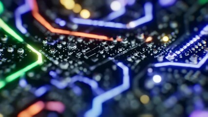 Macro shot of a wet circuit board with colorful illuminated pathways and glistening water droplets - Powered by Adobe