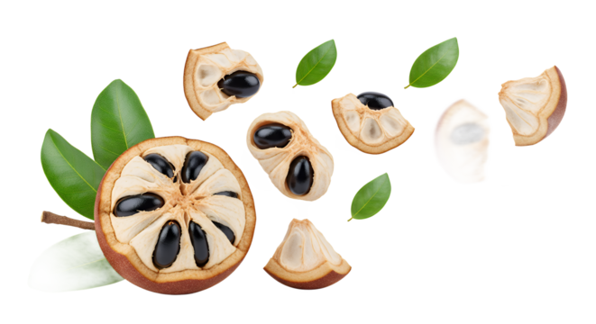 Fresh Custard Apple Slices with Leaves Isolated on White Background