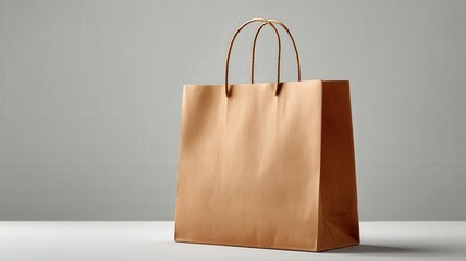 A minimalist product presentation with an empty brown paper bag on a solid light grey surface