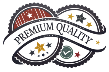 Premium quality badge with stars and checkmark on transparent background