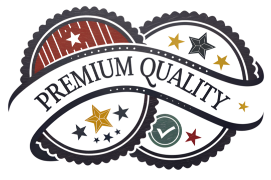 Premium quality badge with stars and checkmark on transparent background