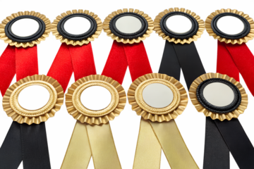 Rosette award ribbons for celebration in gold black and red against transparent
