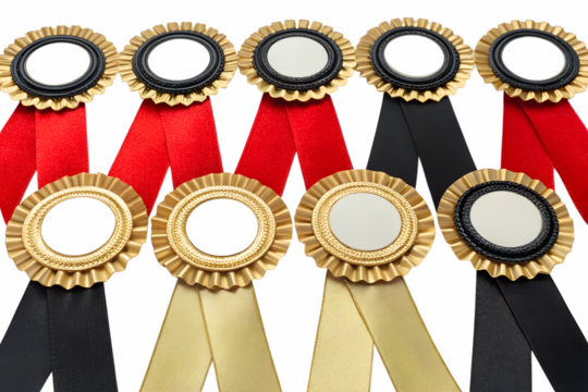 Rosette award ribbons for celebration in gold black and red against transparent - Powered by Adobe