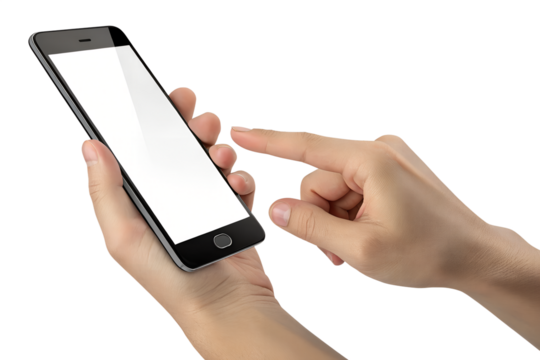 Person is holding and touching black frameless cellphone with white screen