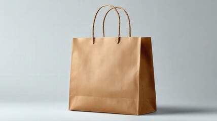 A minimalist product presentation with an empty brown paper bag on a solid light grey surface