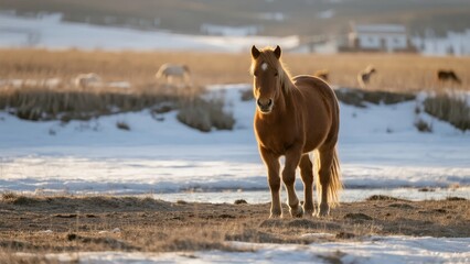 A brown horse stands in a snowy field during winter, with other horses grazing in the background.