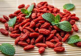 Vibrant dried red goji berries and mint leaves scattered on a light bamboo surface
