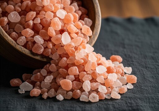 Raw pink himalayan rock salt crystals spilling from a rustic wooden bowl onto a dark surface. - Powered by Adobe